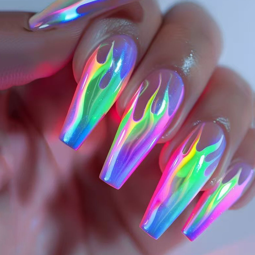 Creative Acrylic Nails with Shimmering Flame Design Bowlift