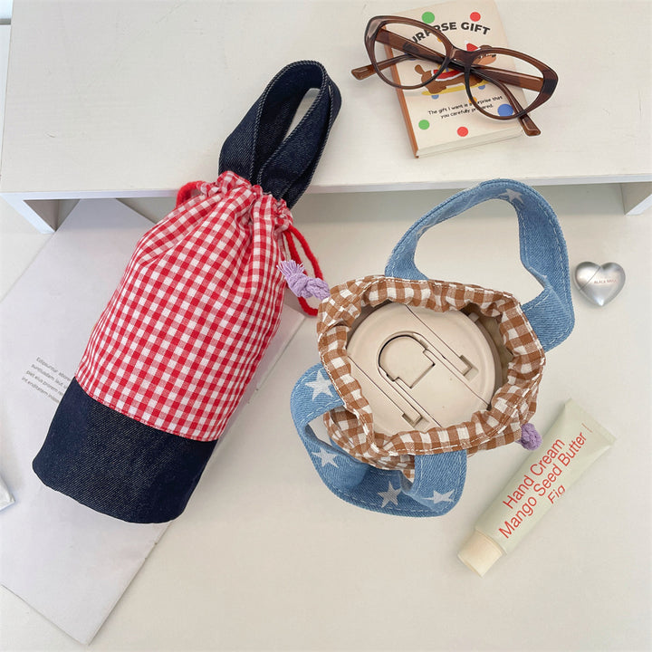 Drawstring Bottle Pouch with Denim Base and Carry Handle Bowlift