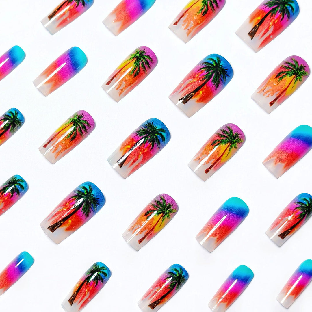 Artificial nails with tropical palm and sunset design Bowlift
