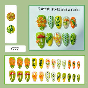Artificial nails in forest style with floral and mushroom-shaped designs Bowlift
