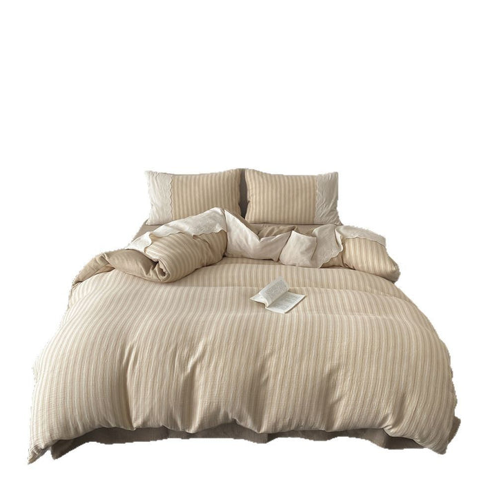 Breathable linen-cotton bedding set with fine stripe texture and reversible function