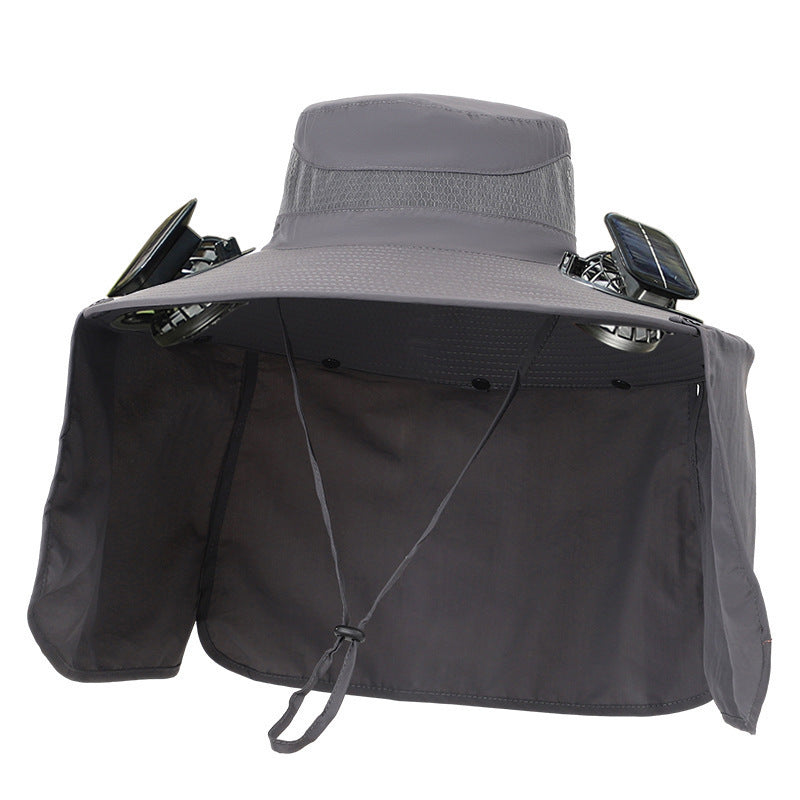 Sun hat with neck protection and integrated solar-powered dual fans Bowlift