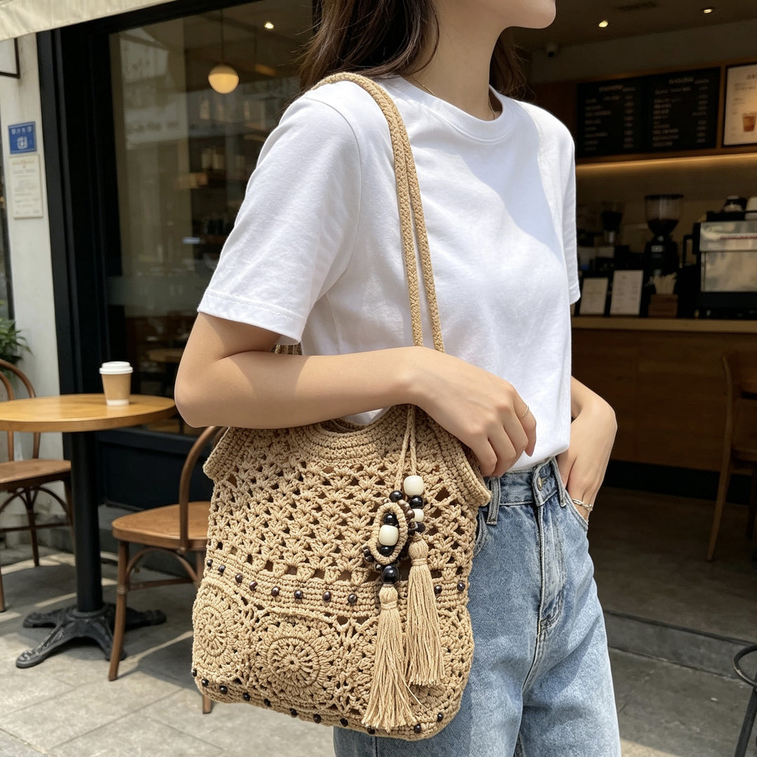 Hand-crocheted shoulder bag with unique fringe design Bowlift