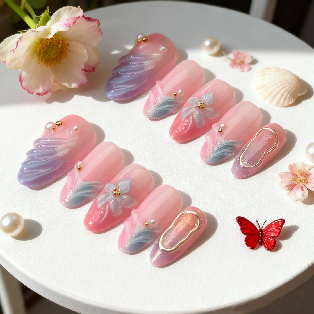 Artificial nails with flower pattern and glamorous accents Bowlift
