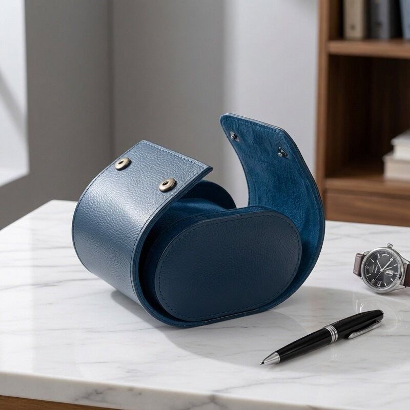 Compact Leather Travel Watch Roll Case with Snap Closure Bowlift