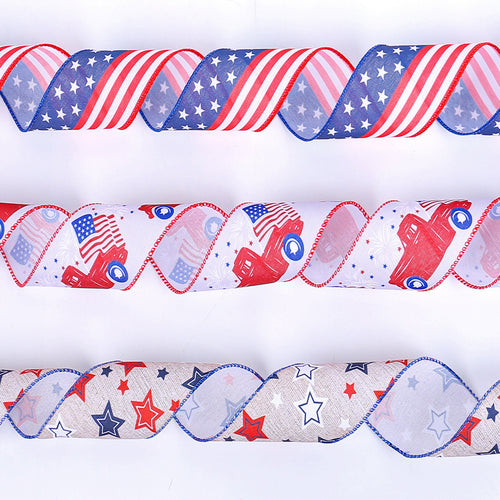 Unisex nan decorative wired Americana craft ribbon set with stars stripes truck and flag print Bowlift