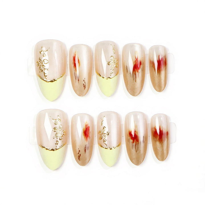 Elegant Press-On Nail Set with Floral Gold Accents Bowlift