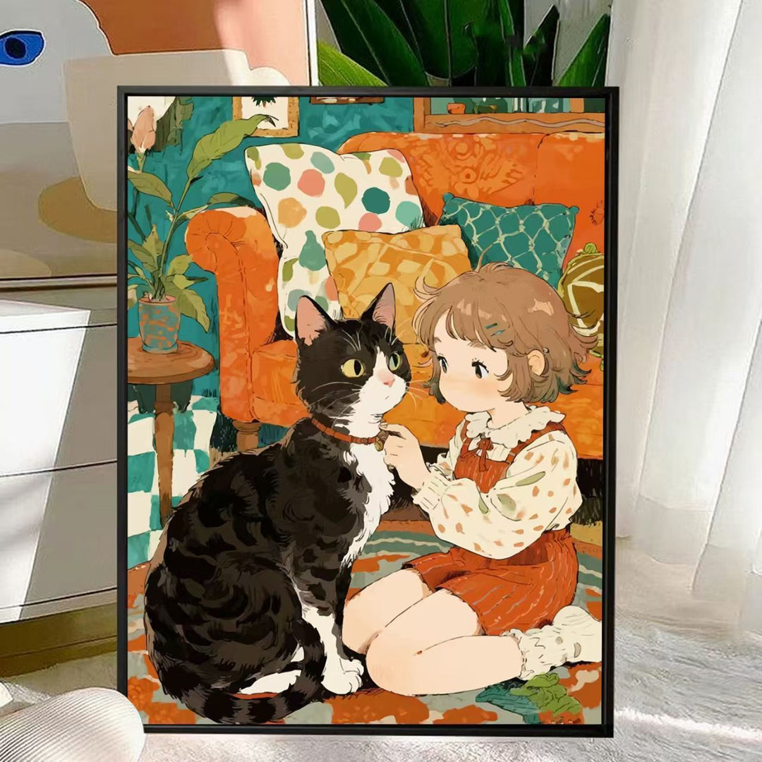 Cute Cat and Child Illustration Wall Art Bowlift