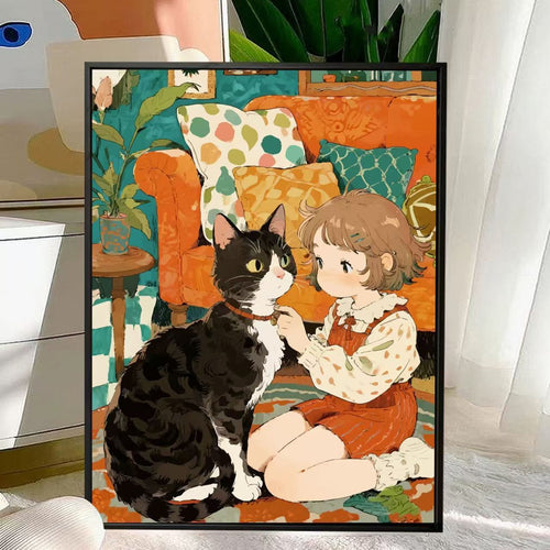 Cute Cat and Child Illustration Wall Art Bowlift