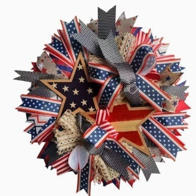 Unisex decorative country house door wreath with overlapping wooden stars and multiple ribbon bows Bowlift