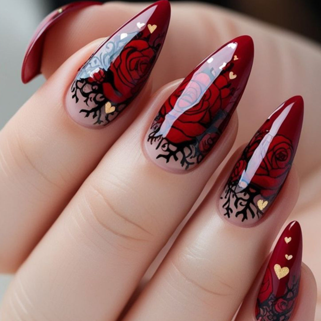 Gothic Rose-Design Stiletto Nail Art Extensions Bowlift