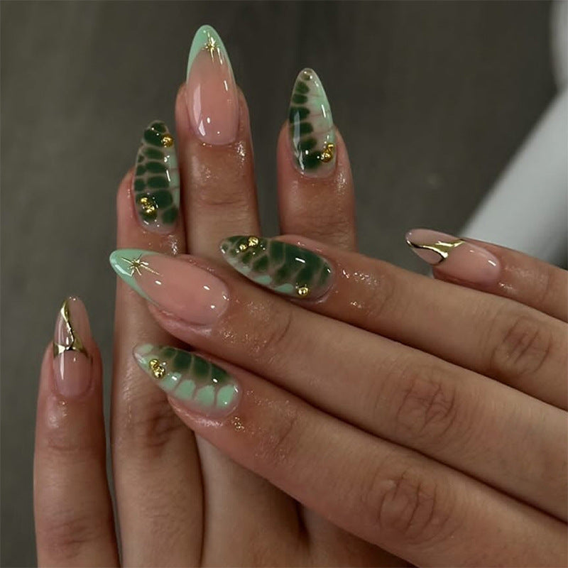 Decorative Press-On Nail Set with Unique Leaf and Ombre Designs Bowlift