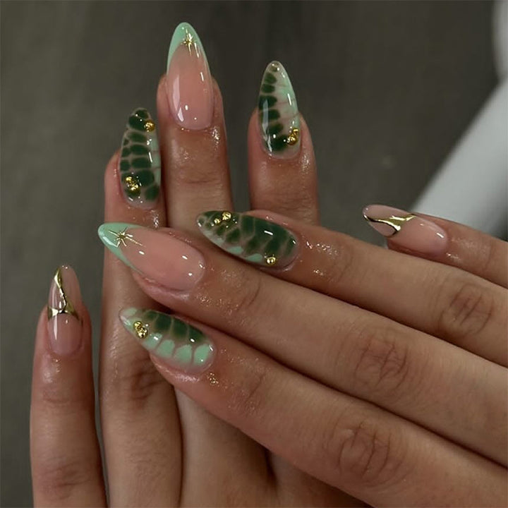 Decorative Press-On Nail Set with Unique Leaf and Ombre Designs Bowlift