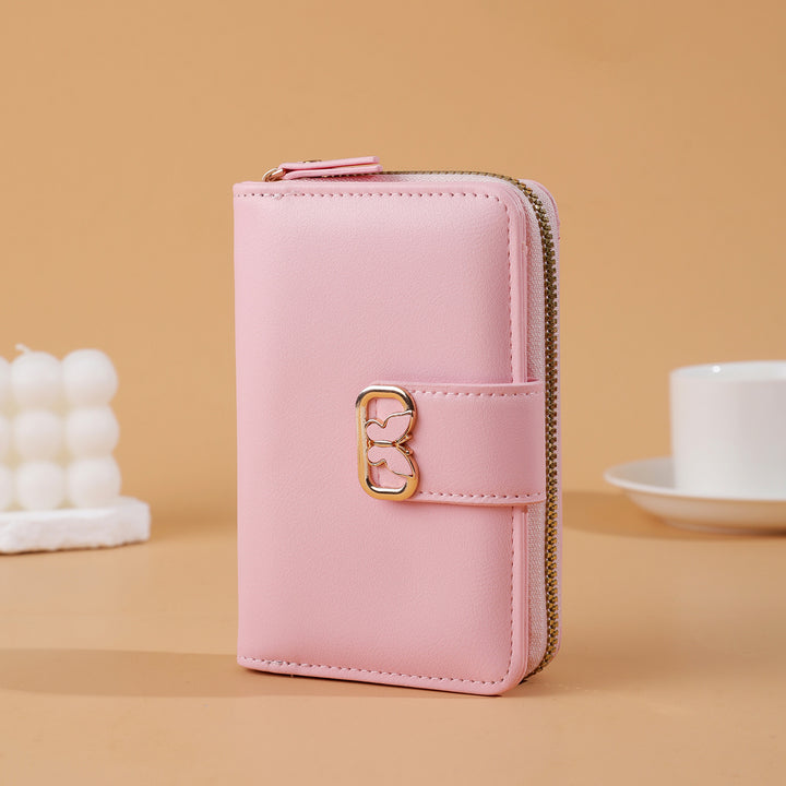 Compact Zip-Around Faux Leather Long Wallet with Butterfly Clasp Bowlift