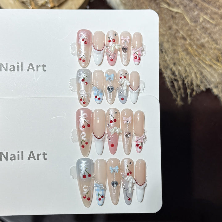 Decorative Press-On Nail Art Set with Charming Cherry Accents Bowlift