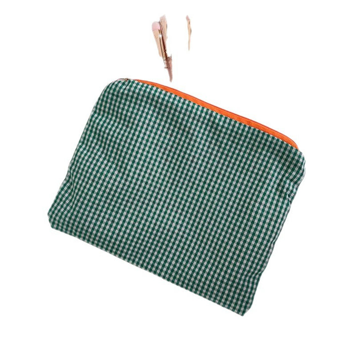 Checked Cotton Zip Pouch with Tassel Accent Bowlift