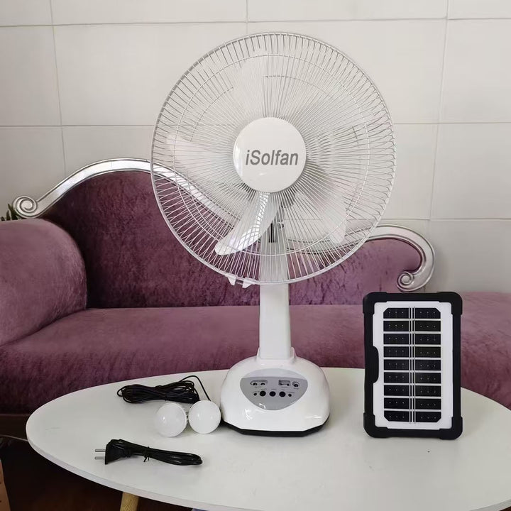Women's portable solar stand fan with LED lighting and integrated USB connection Bowlift