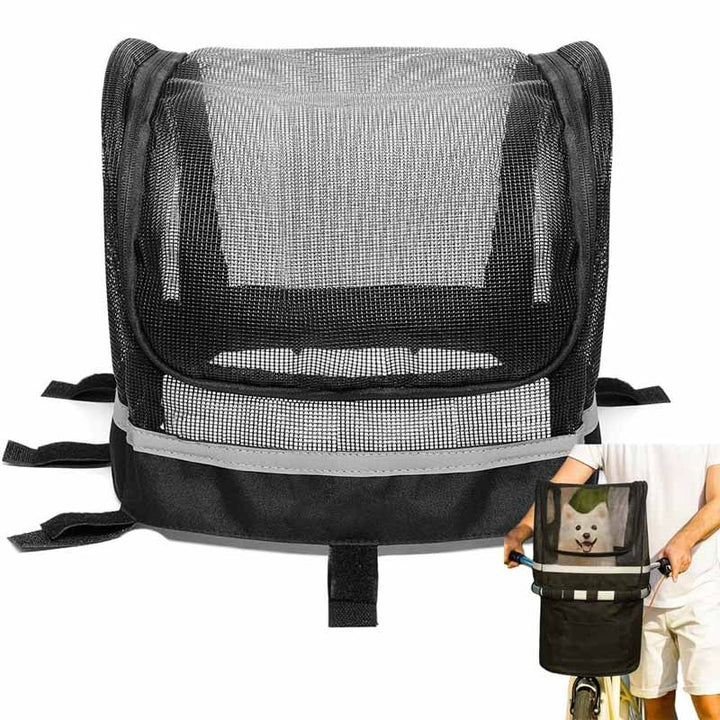 front-mounted pet bike basket with breathable mesh canopy reflective trim and secure strap system Bowlift