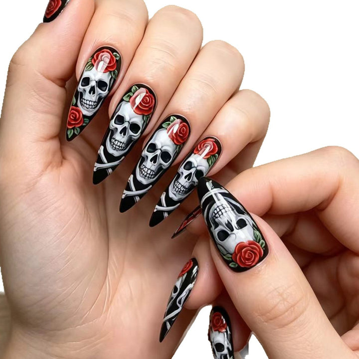 Artificial nails with creative skull and rose design Bowlift