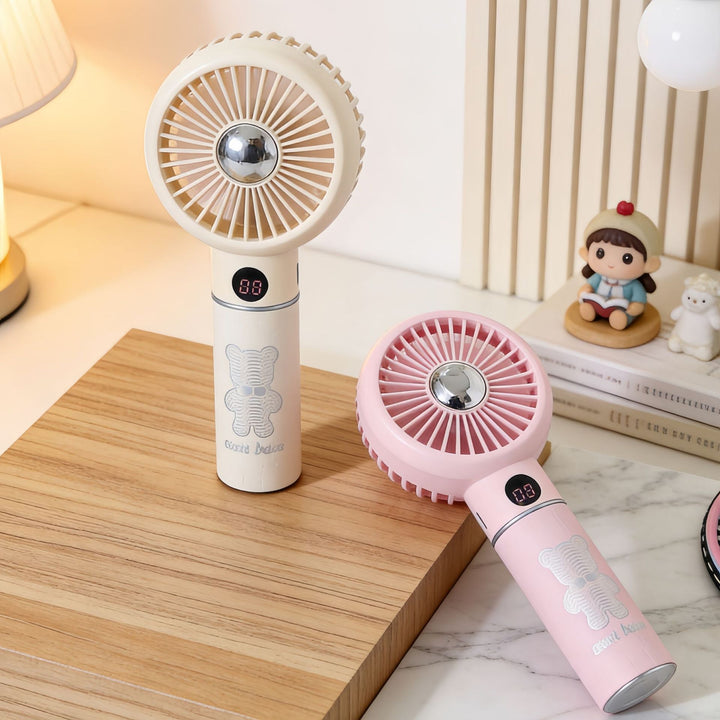 Women portable hand fan with digital speed display and playful bear motif Bowlift