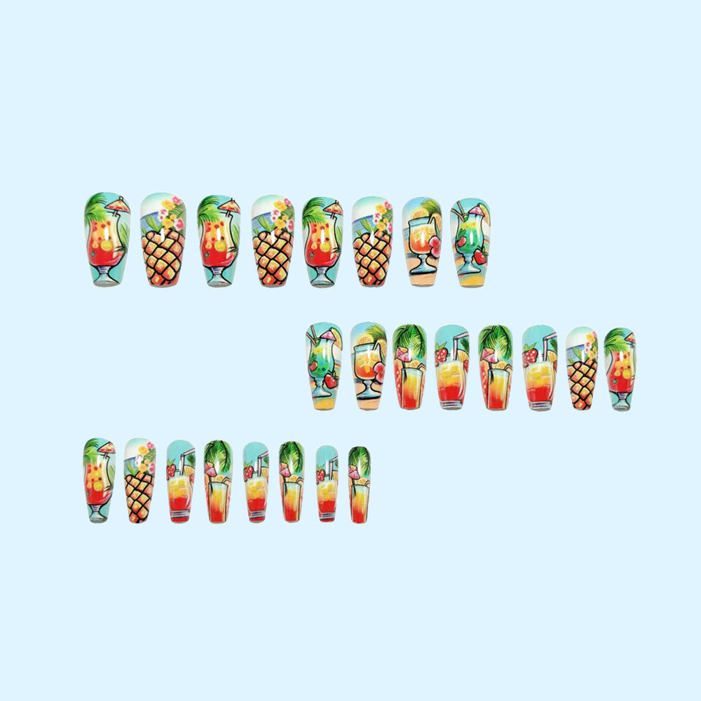 Artificial nail set with tropical drink motif and colorful accents Bowlift