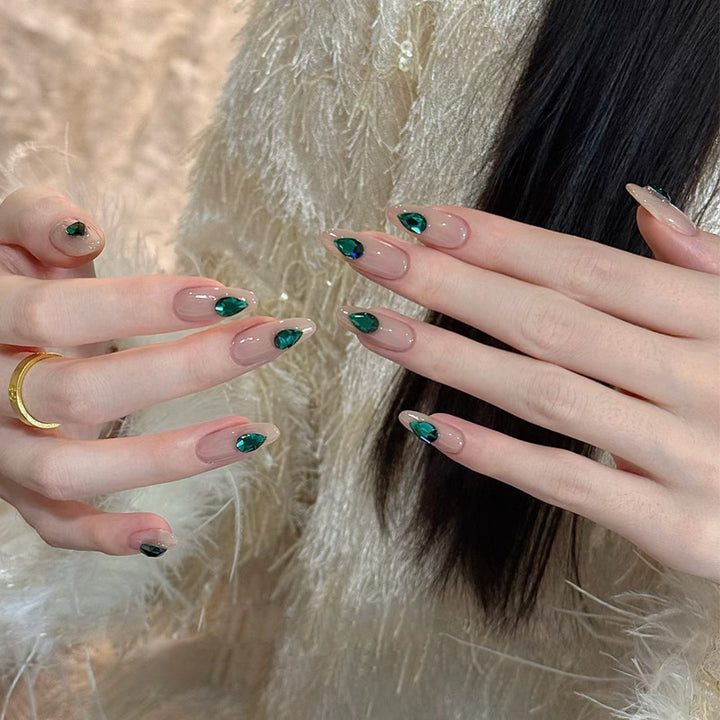Elegant Press-On Nail Art with Gemstone Accents Bowlift