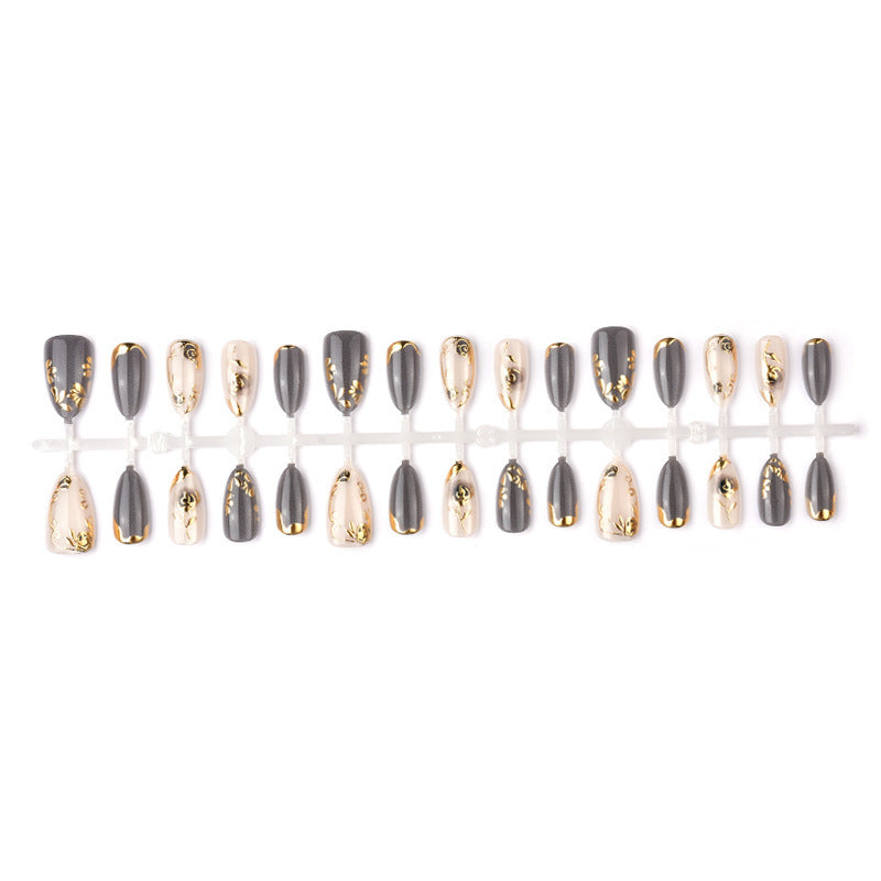 Artificial Nail Set with Elegant Rose Design and Gold Accents Bowlift