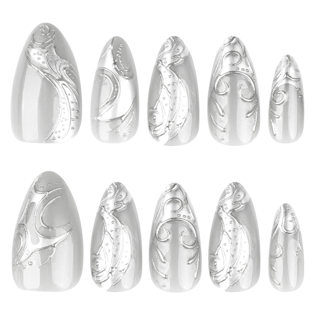 Artistic stiletto nails with elegant silver design Bowlift