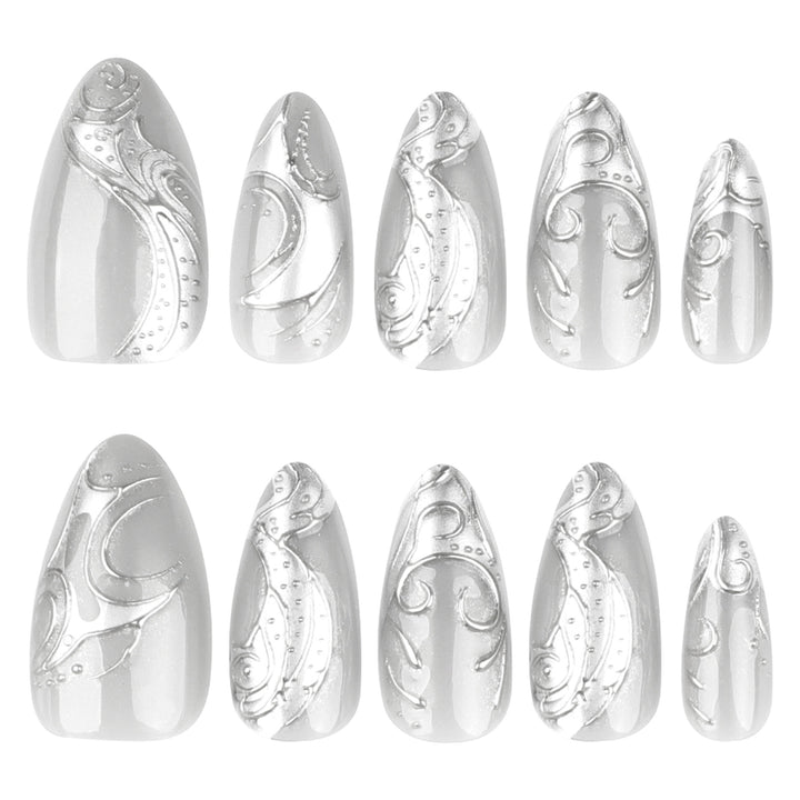 Artistic stiletto nails with elegant silver design Bowlift