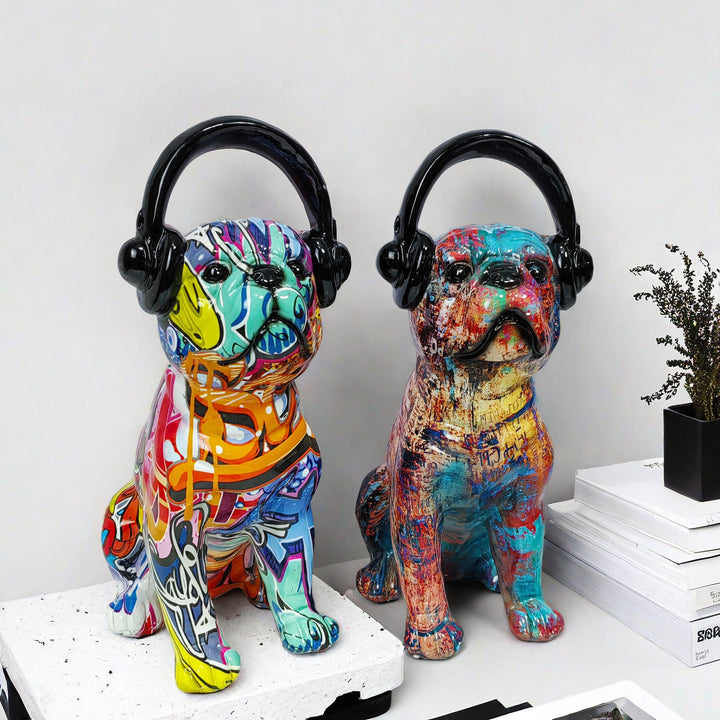 Creative Bulldog Sculpture with Headphones Bowlift