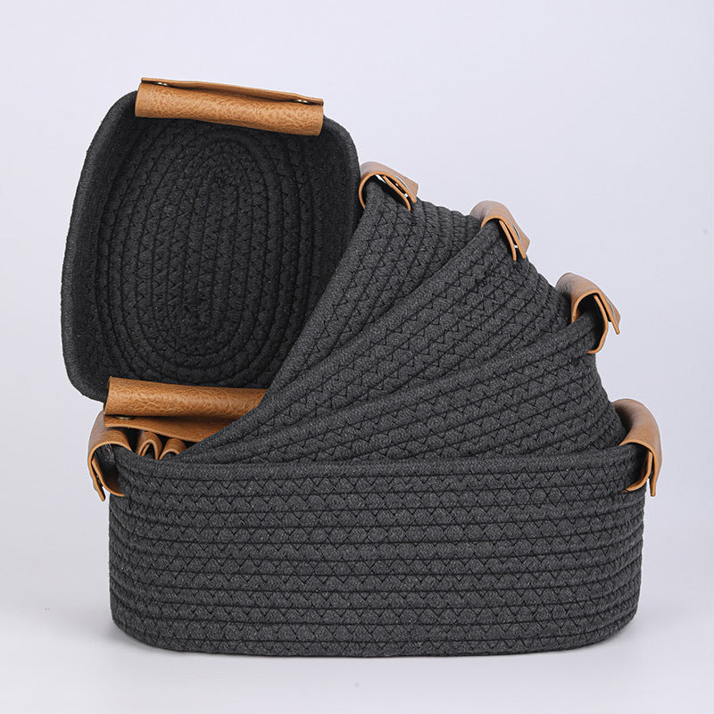 Women Braided Storage Basket with Leather Handles Bowlift