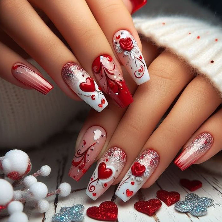 Romantic Heart-Themed Acrylic Nail Art Extensions Bowlift