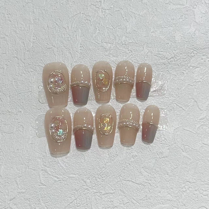 Decorative Press-On Nail Set with Gemstone Accents Bowlift