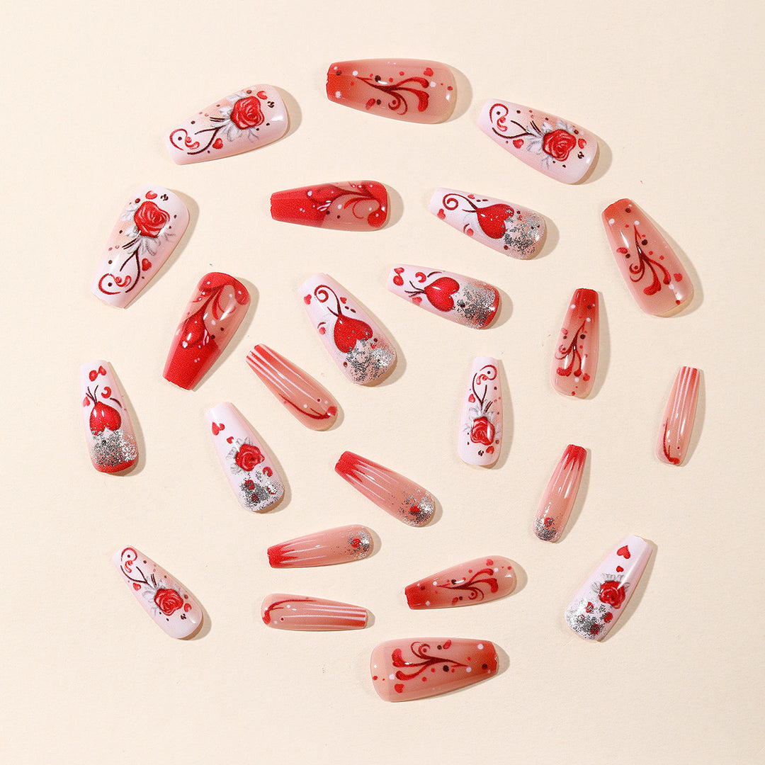 Romantic Heart-Themed Acrylic Nail Art Extensions Bowlift