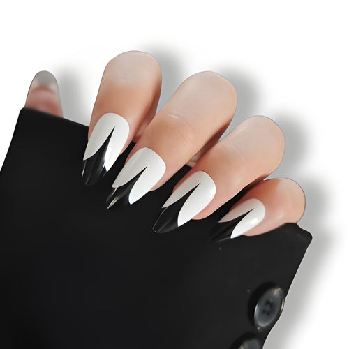 Trendy Stiletto Press-On Nails with Artistic Black and White Design Bowlift