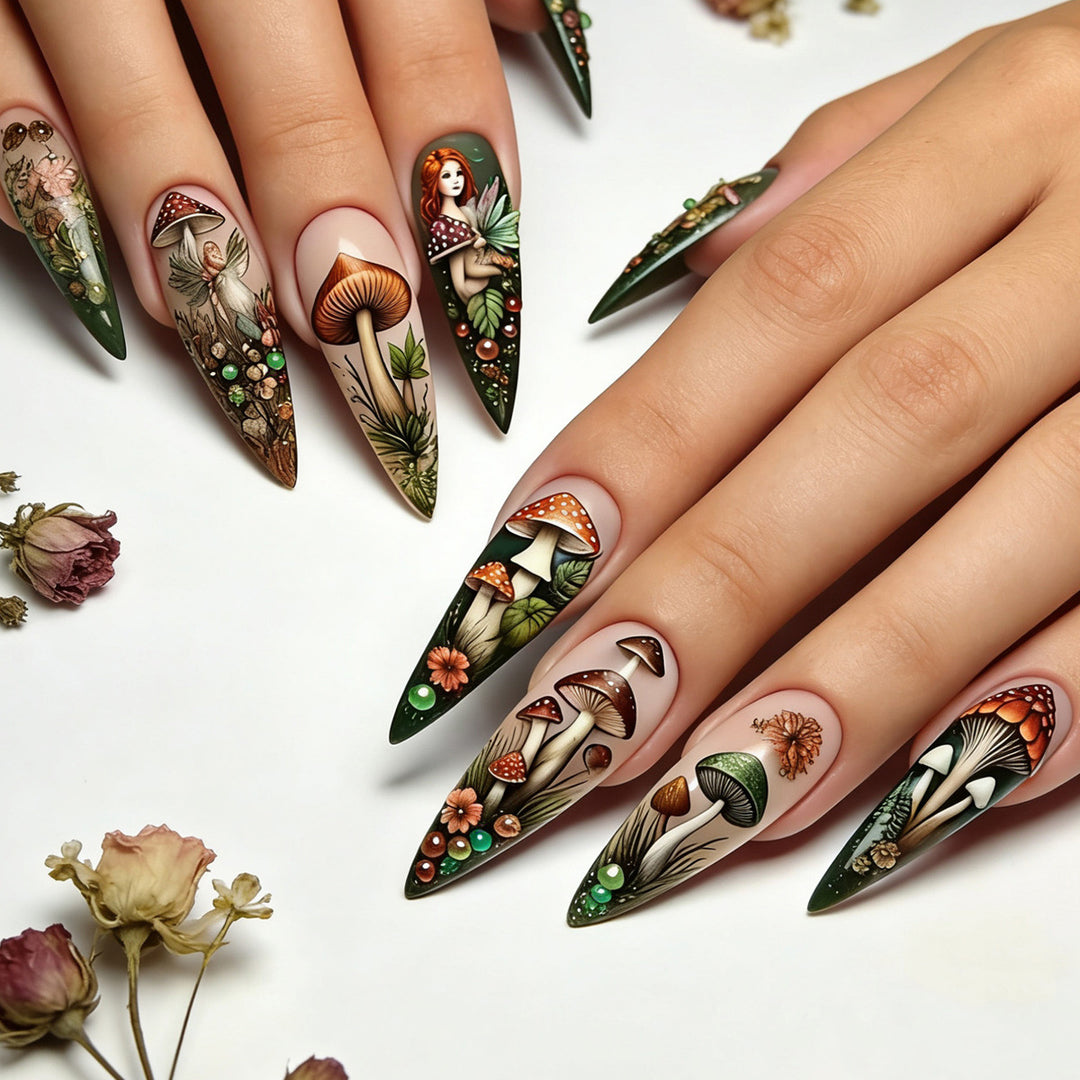 Creative artificial nails with playful fairy and mushroom design Bowlift