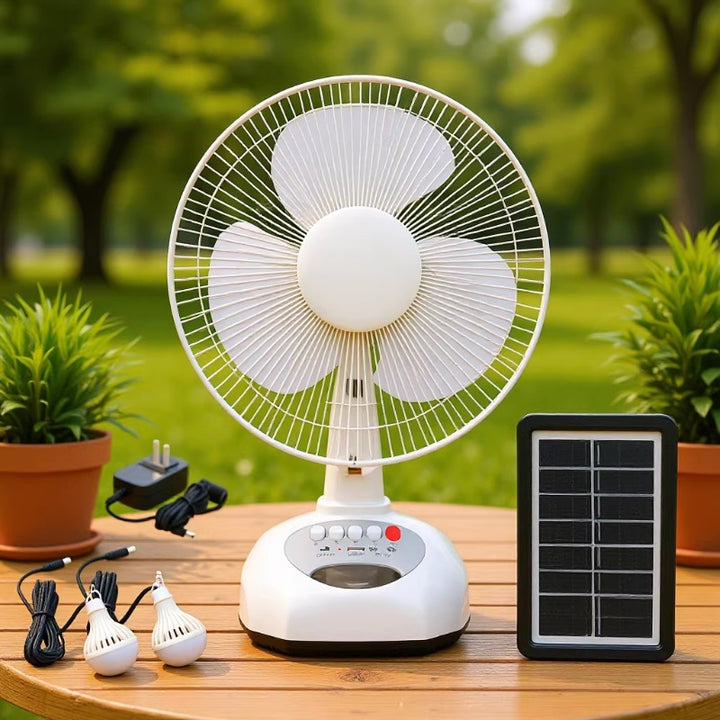 Unisex compact solar and mains powered table fan with built-in battery, oscillating and portable Bowlift