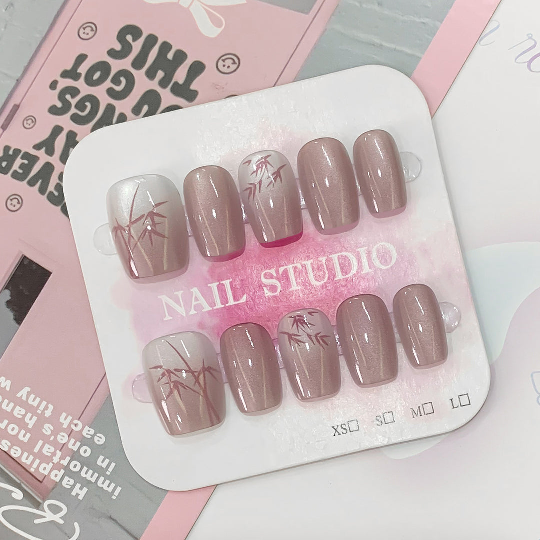 Artistic Press-On Nails with Bamboo Design Bowlift