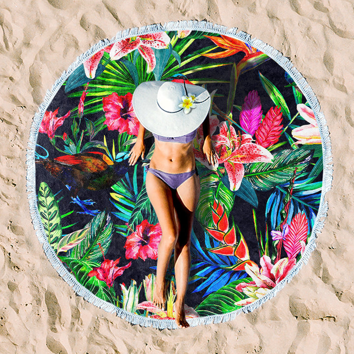 Round beach towel with tropical palm pattern Bowlift