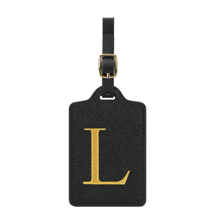 embroidered initial monogram leather luggage tag with adjustable buckle strap Bowlift