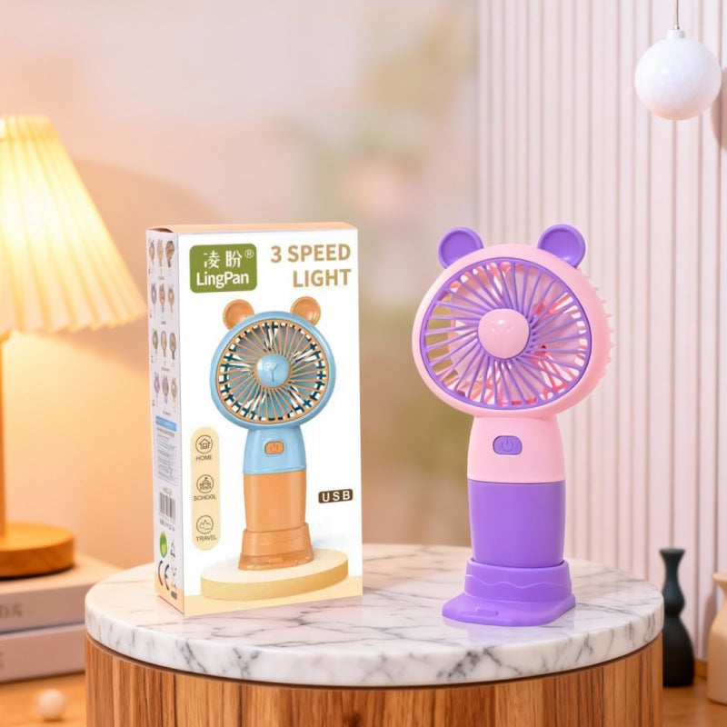 Ladies portable hand fan with LED light and creative animal ears bowlift