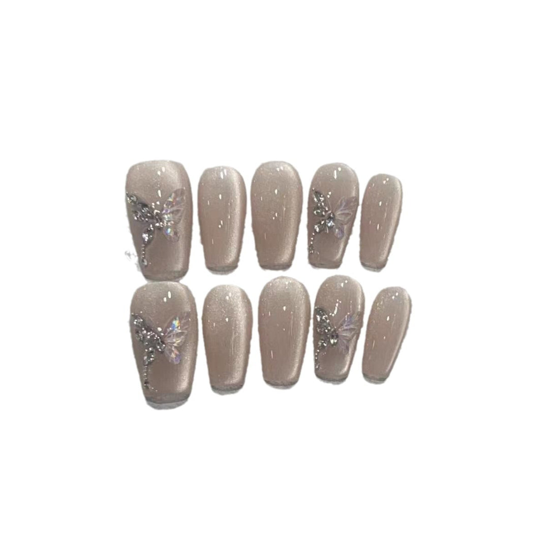 Stylish Press-On Nail Art Set with Elegant Butterfly and Gem Accents Bowlift