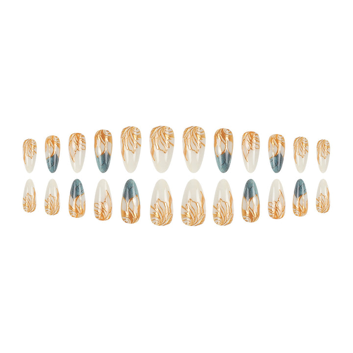 Decorative Long Stiletto Nail Art Extensions with Gold Leaf Design Bowlift