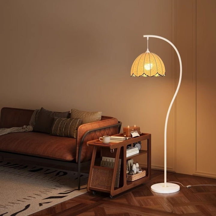 Arc Curved Floor Lamp with Woven Petal Shade Ambient Lighting Bowlift