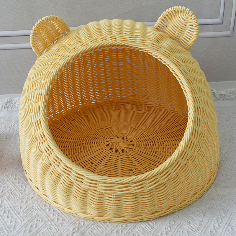 Playful Bear-Shaped Woven Pet Bed Bowlift