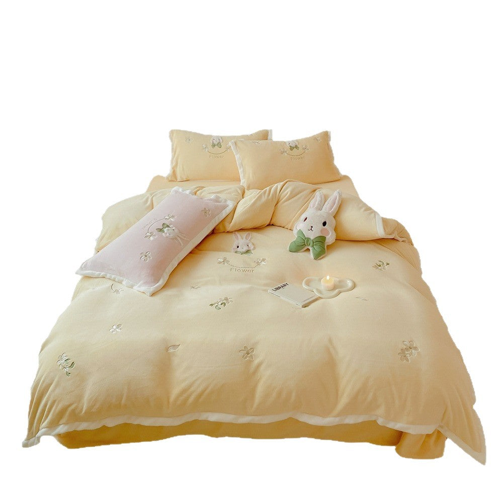 Embroidered Floral Bunny Duvet Cover & Pillowcase Bedding Set
