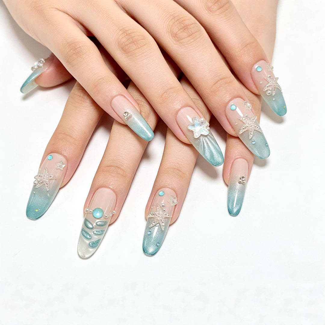 Elegant Nail Art with Ocean Theme and 3D Accents Bowlift