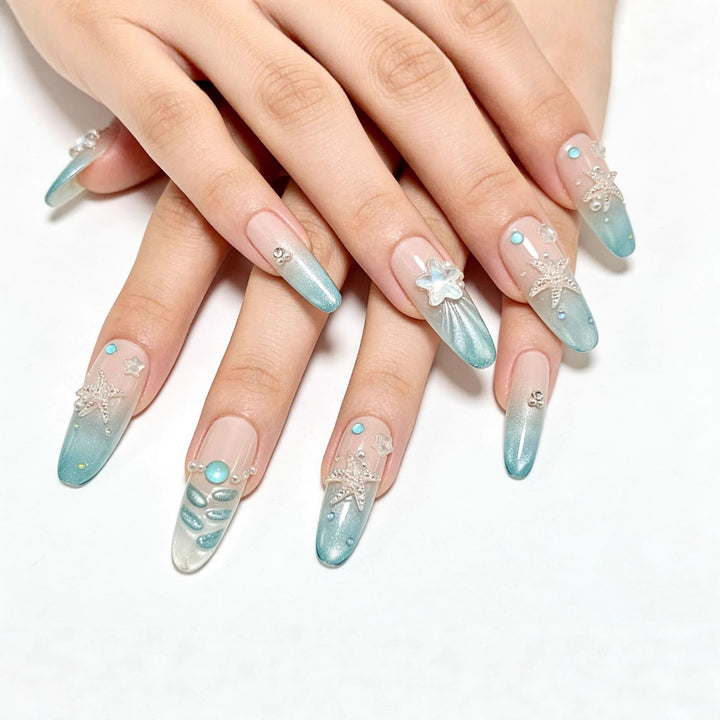 Elegant Nail Art with Ocean Theme and 3D Accents Bowlift