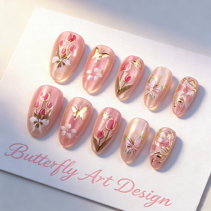 Artificail nail set with floral and golden accent Bowlift