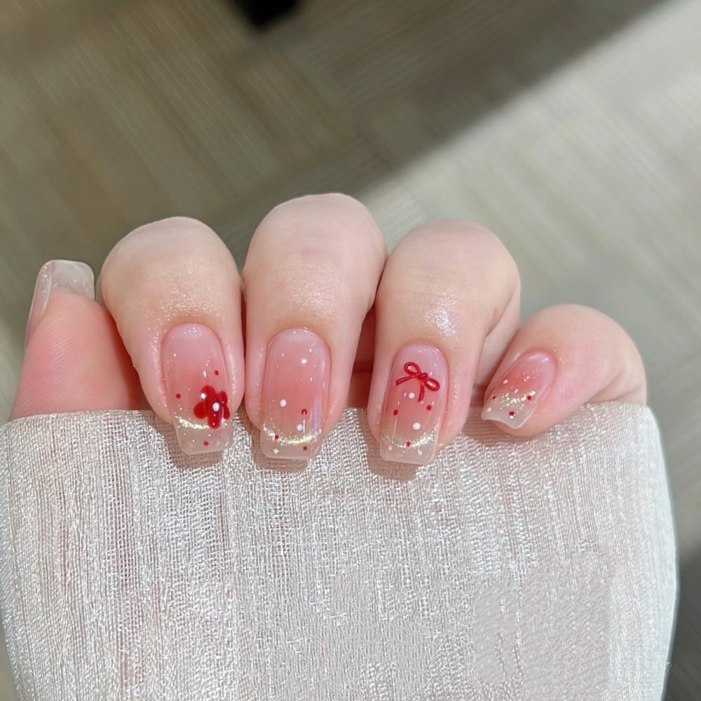 Decorative Press-On Nail Set with Floral and Bow Accents Bowlift